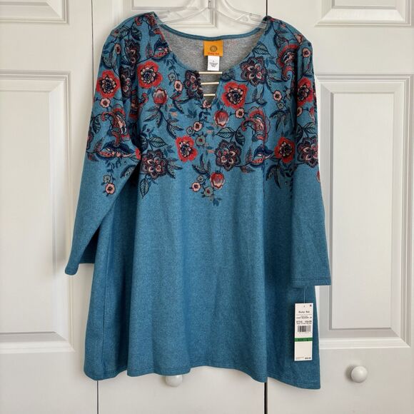 RUBY RD. WOMEN'S TOPS L/1X PULLOVER BLUE FLORAL KNIT 3/4 SLEEVES KEYHOLE NECK - Picture 3 of 7